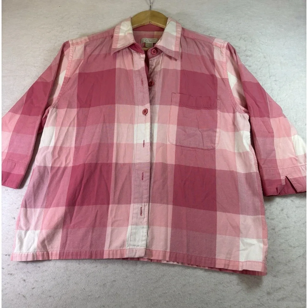 Christopher & Banks Large Pink Plaid Button Front Shirt Sz L 3/4 Sleeve Layer